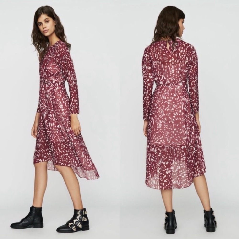 MAJE RIVOLE DRESS Burgundy Red White Print Long Sleeve Midi Dress Size 1
